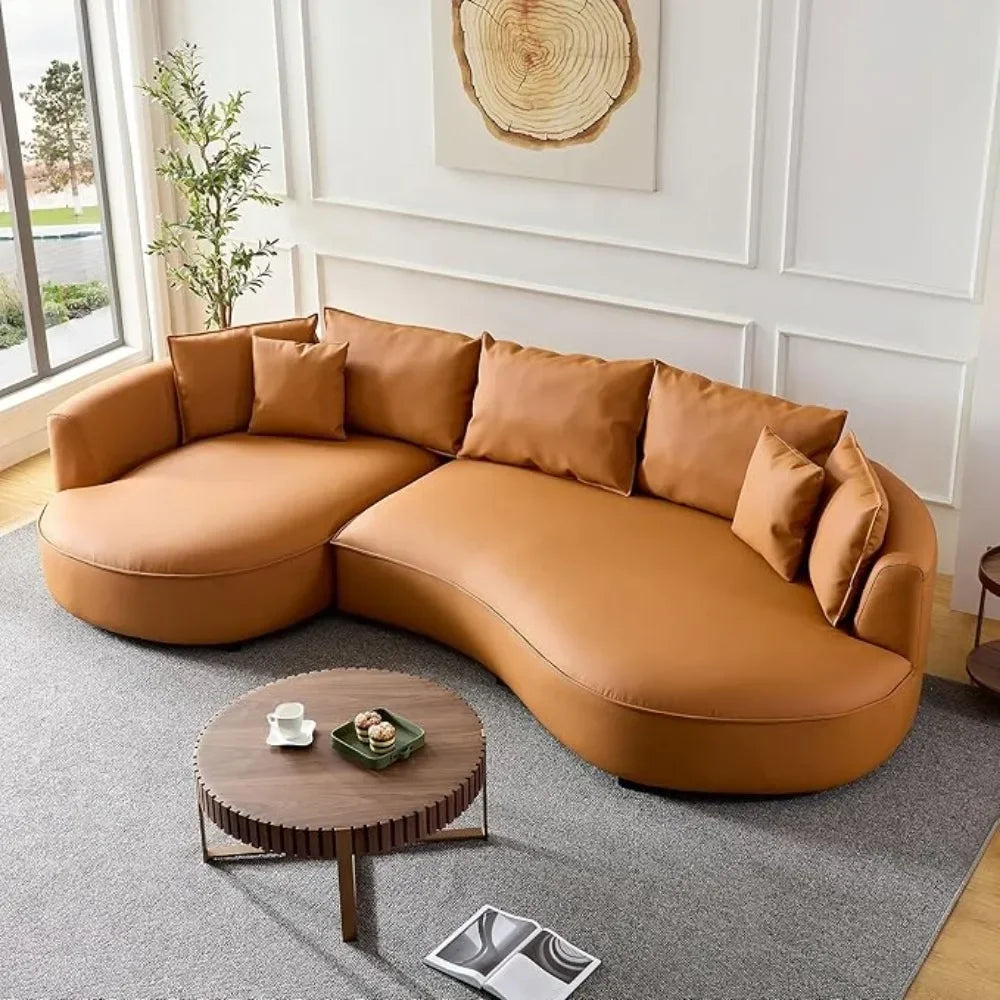 Curved Sofa Cloud Couch for Living Room – Orange Upholstered 4-Seat Eco-Leather Sofa