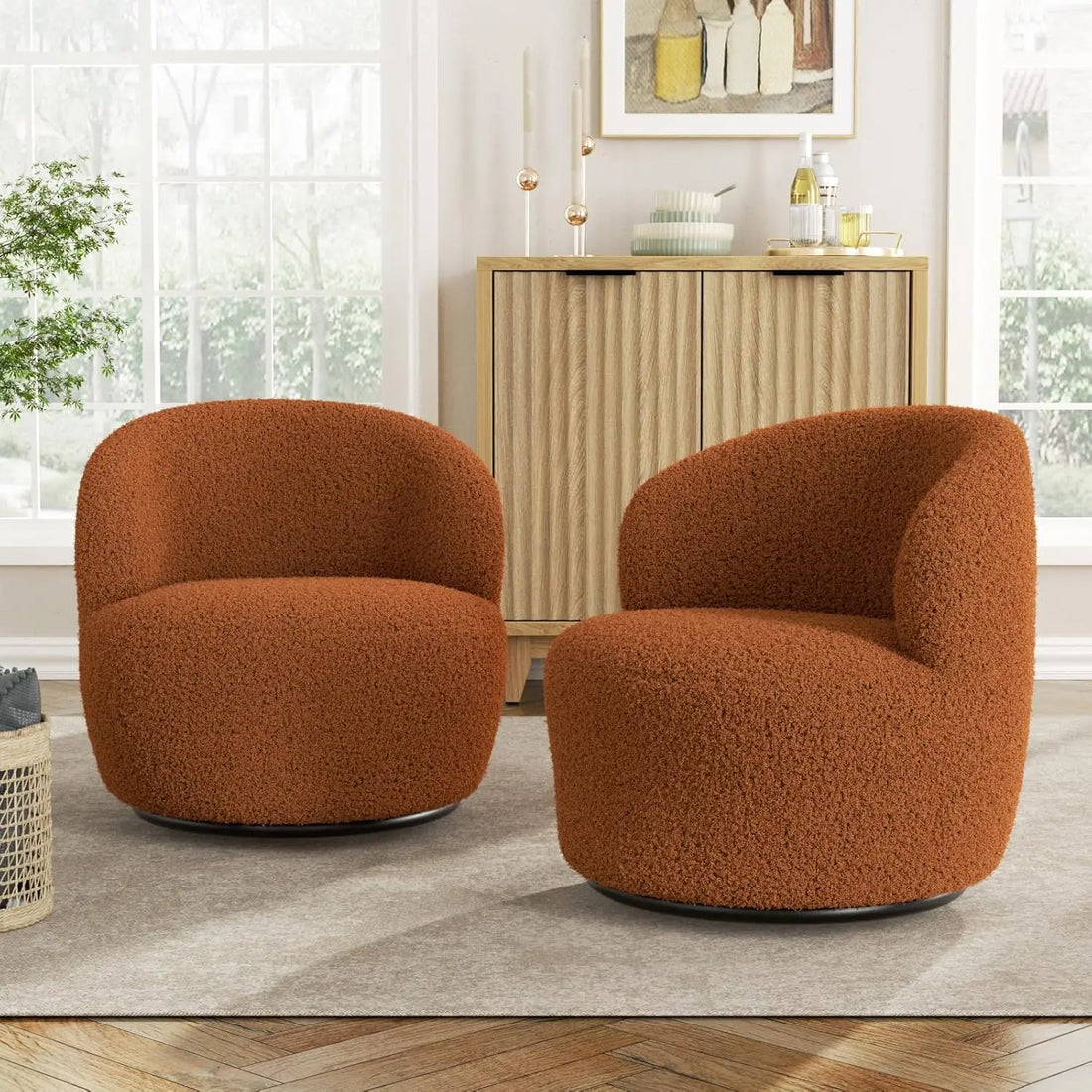 Vabches Swivel Accent Chair – Furry Sherpa Barrel Chair with Soft Padded Armrest