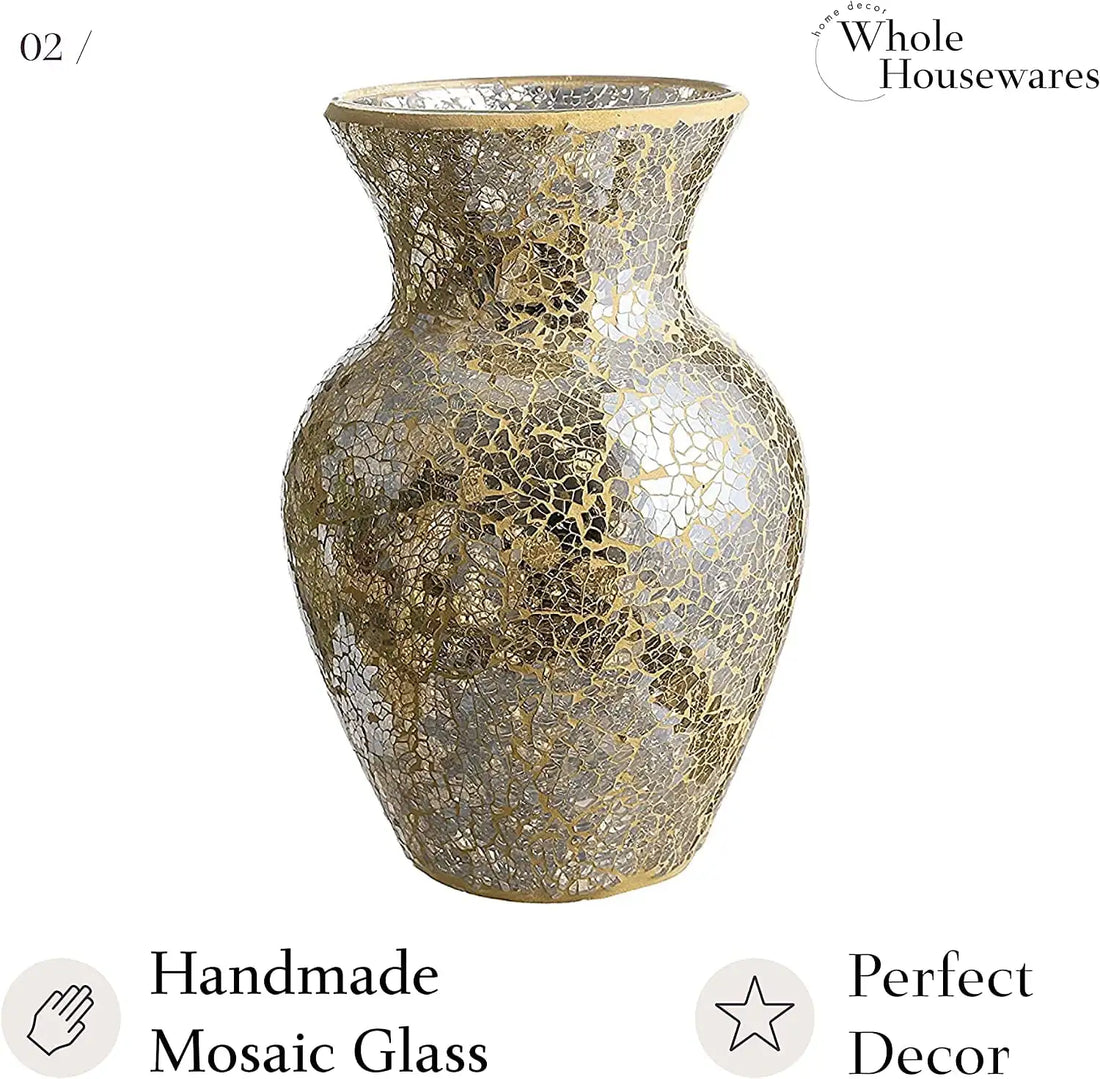 10.5" Tall Gold Mosaic Glass Vase – Decorative Centerpiece for Home and Events