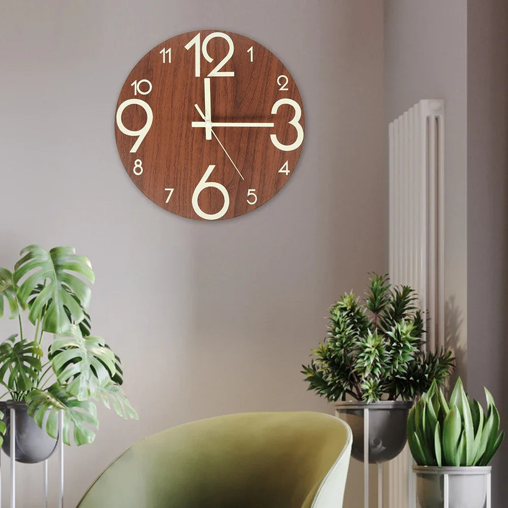 New Wooden Wall Clock with Luminous Numbers – Quiet Modern Decorative Clock for Living Room