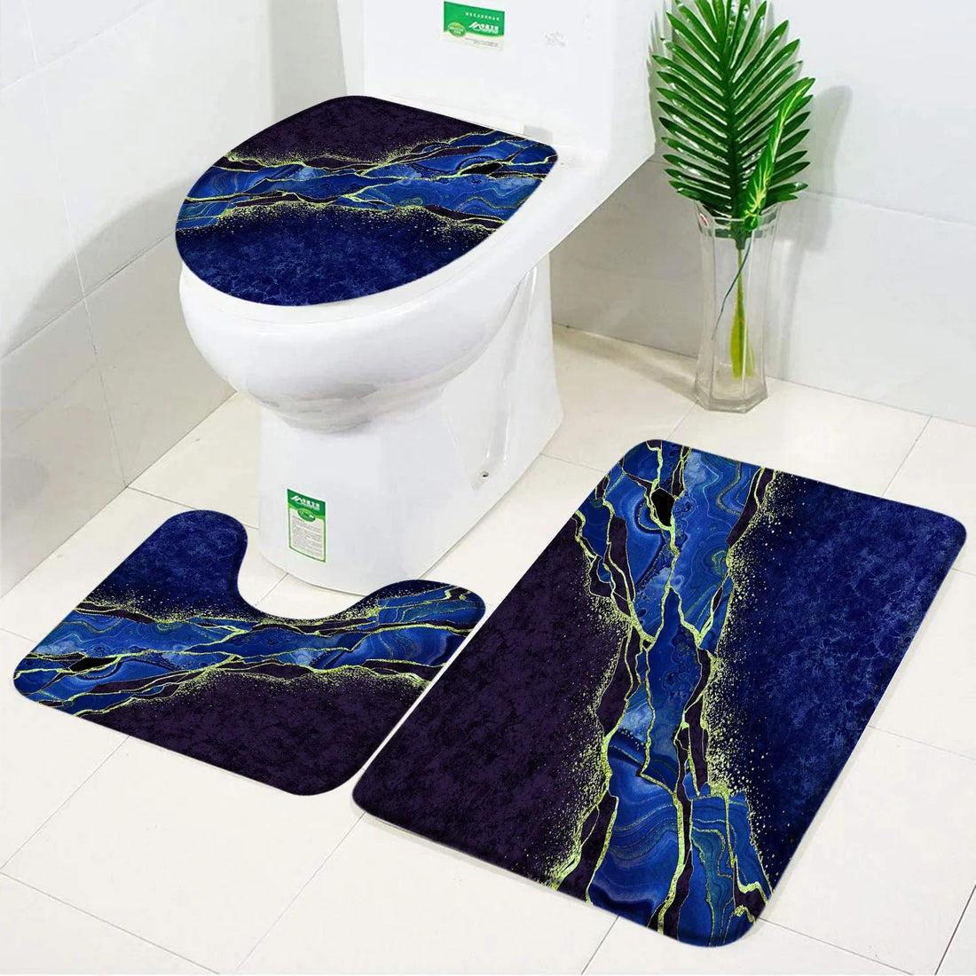 3pcs Set Black Marble Bath Mat – Non-Slip Absorbent Bathroom Rugs with Toilet Lid Cover