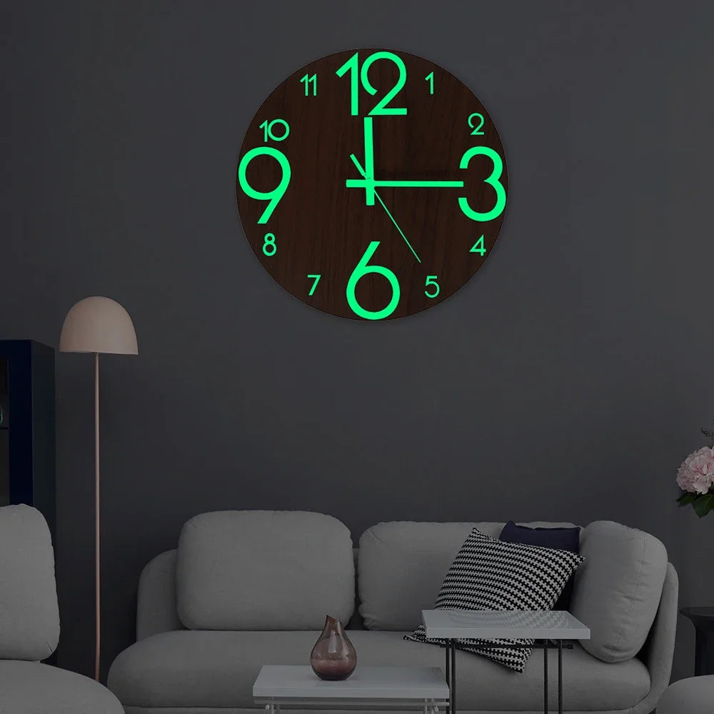 New Wooden Wall Clock with Luminous Numbers – Quiet Modern Decorative Clock for Living Room