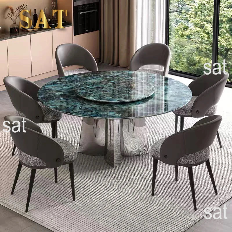 Modern Luxury Marble Round Dining Table Set with Rotating Center – 6, 8, or 10-Seater with Leather Chairs