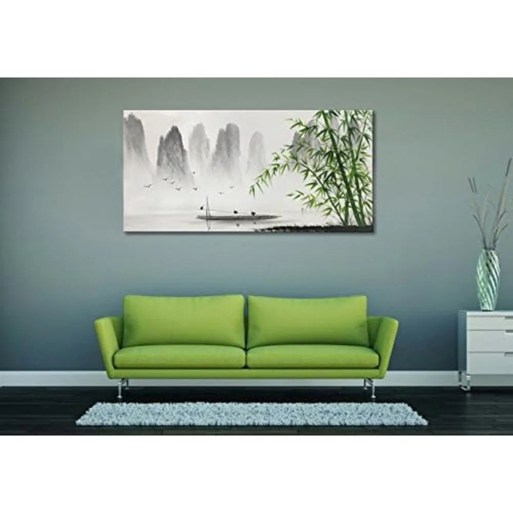 Large Hand-Painted Traditional Chinese Painting – Black and White Bamboo Landscape Canvas Wall Art