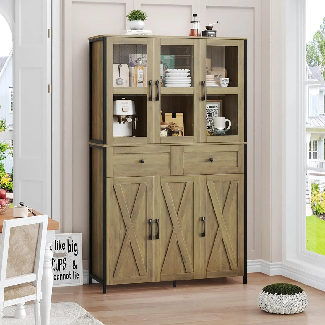 64" Farmhouse Kitchen Pantry with LED Lighting