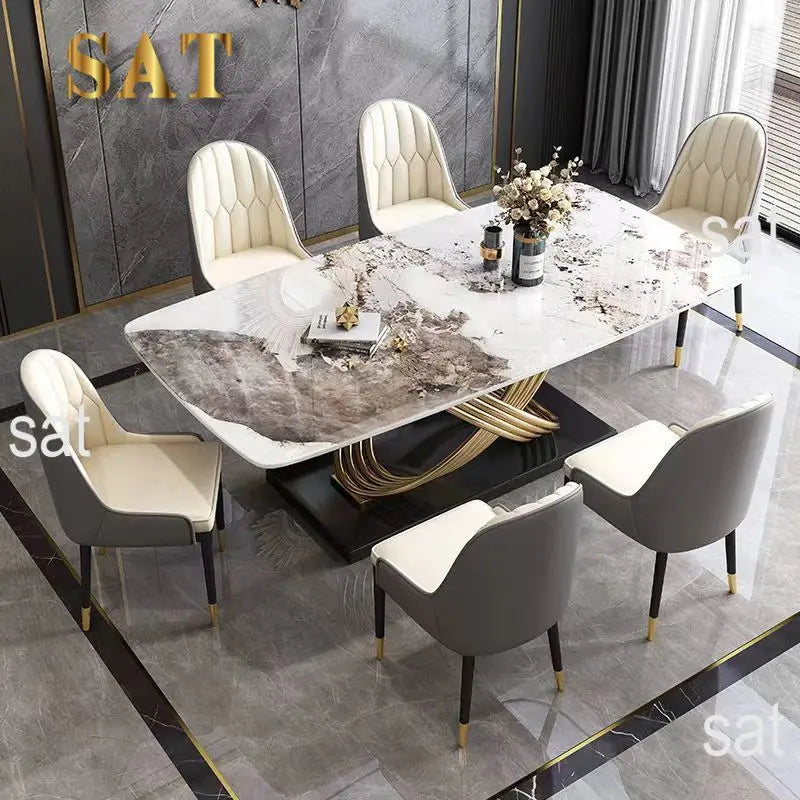 Modern Luxury Marble Stone Dining Table Set with Leather Chairs – 4, 6, or 8 Seater