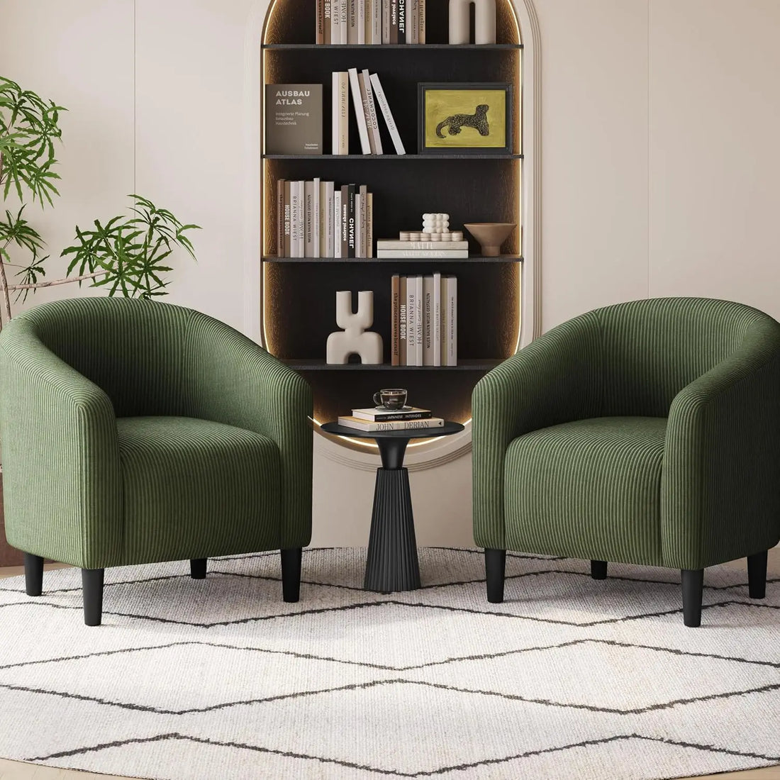 Set of 2 Fuzzy Club Accent Chairs – Dark Green with Soft Padded Armrests for Living Room, Bedroom, or Office