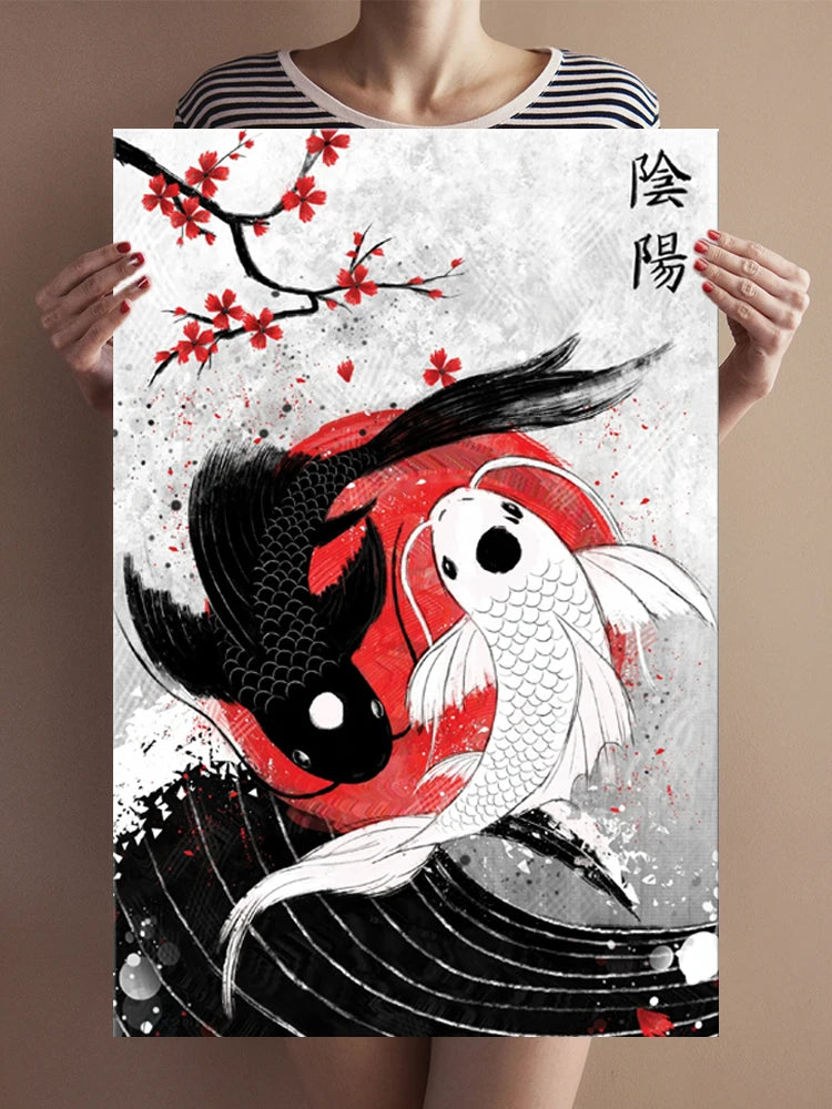 Japanese Yin Yang Koi Fish Canvas Painting – Modern Wall Art for Home Decoration