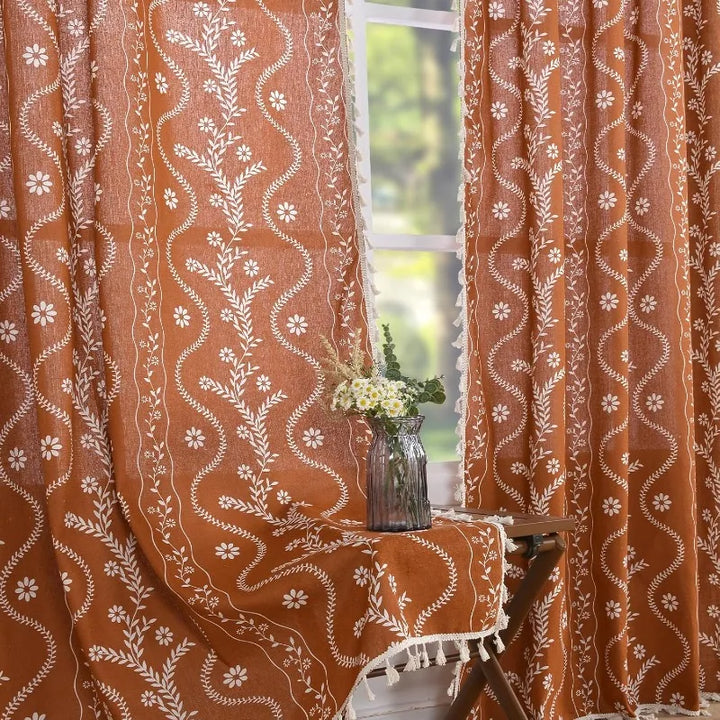 Terracotta Curtains – Semi Sheer Linen Floral Farmhouse Panels for Living Room, Dining, and Kitchen