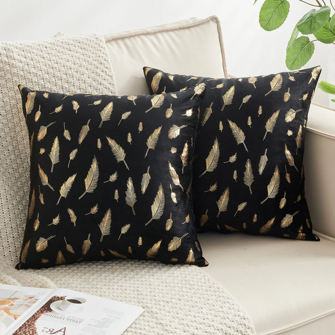 Pack of 2 Decorative Velvet Throw Pillow Covers – Gold Leaf Feather Design for Couch, Bed, Sofa