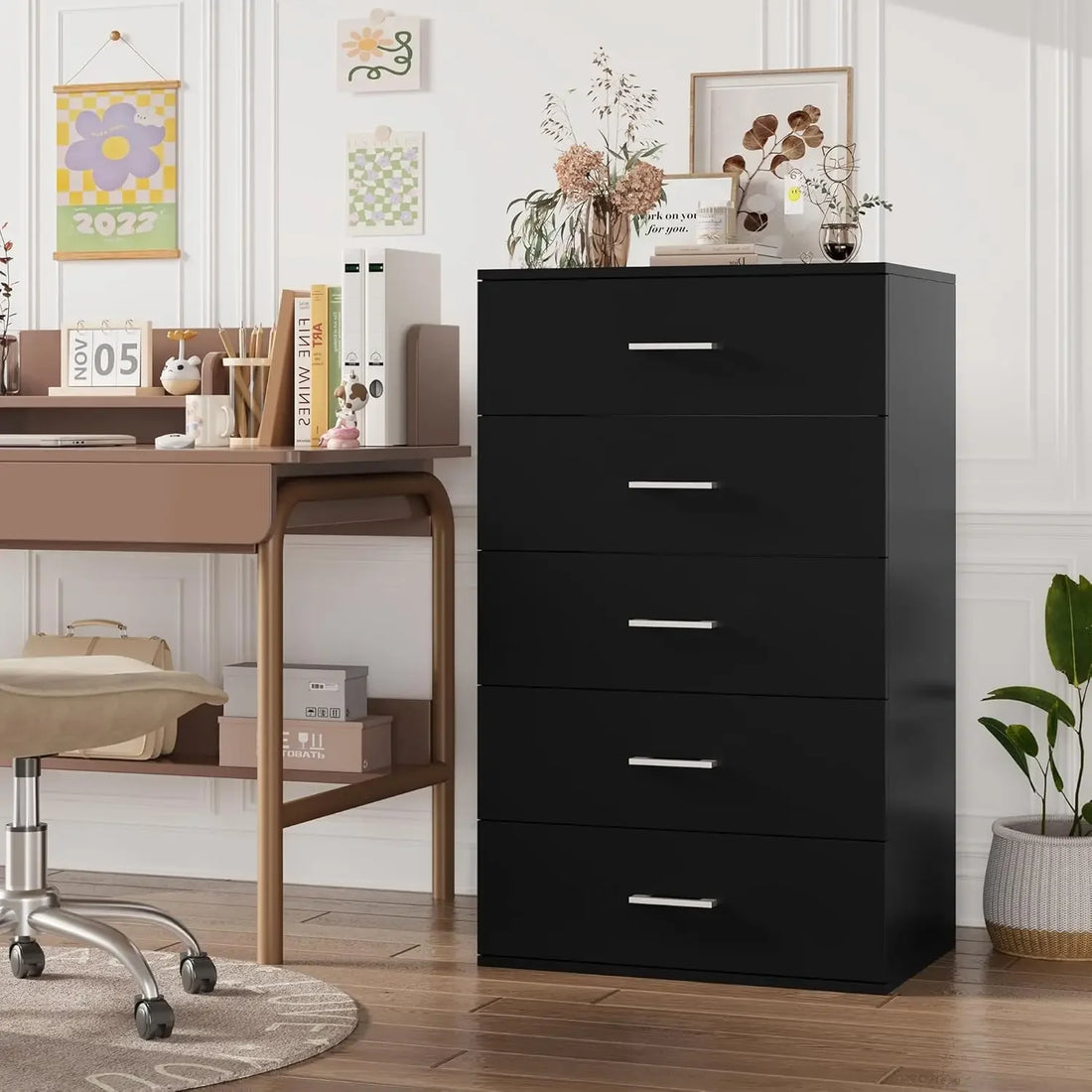 5 Drawer Dresser Chest with Sleek Black Finish