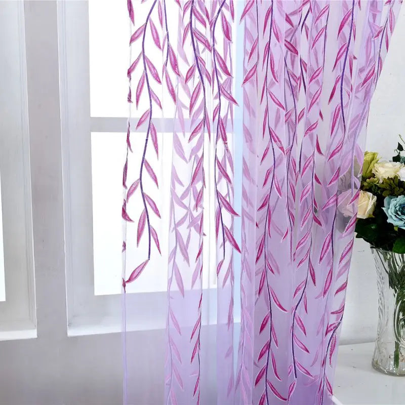 Green Purple Willow Sheer Curtains – Decorative Tulle for Living Room, Kitchen, and Bedroom