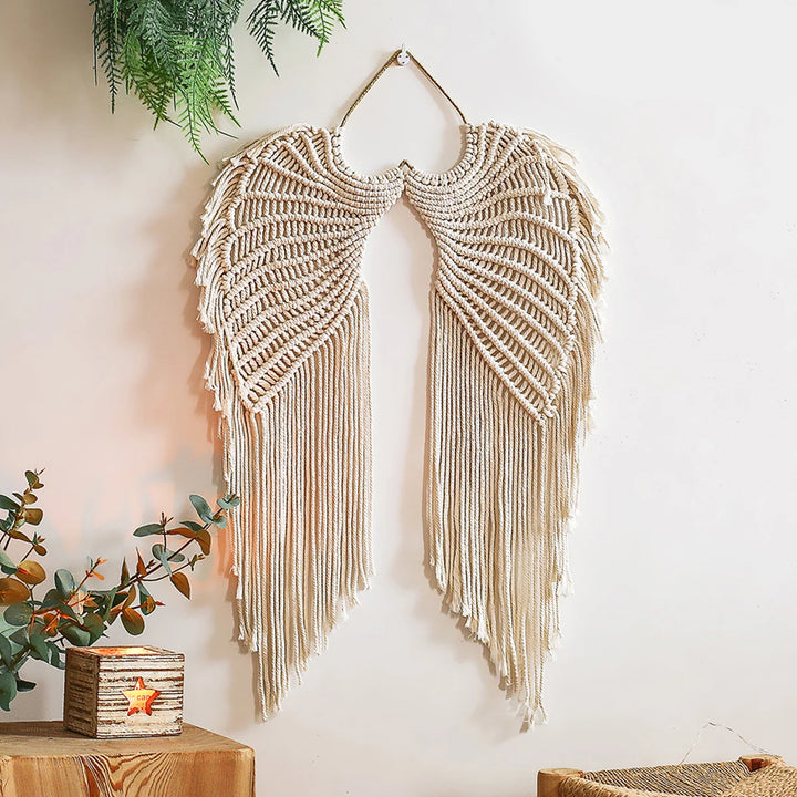 Angel Wing Hanging Tapestry – Handwoven Cotton Macrame Wall Hanging with Long Tassels