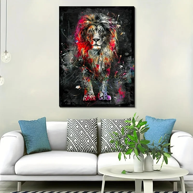 Abstract Graffiti Lion Canvas Painting – Modern Colorful Animal Poster for Home Décor