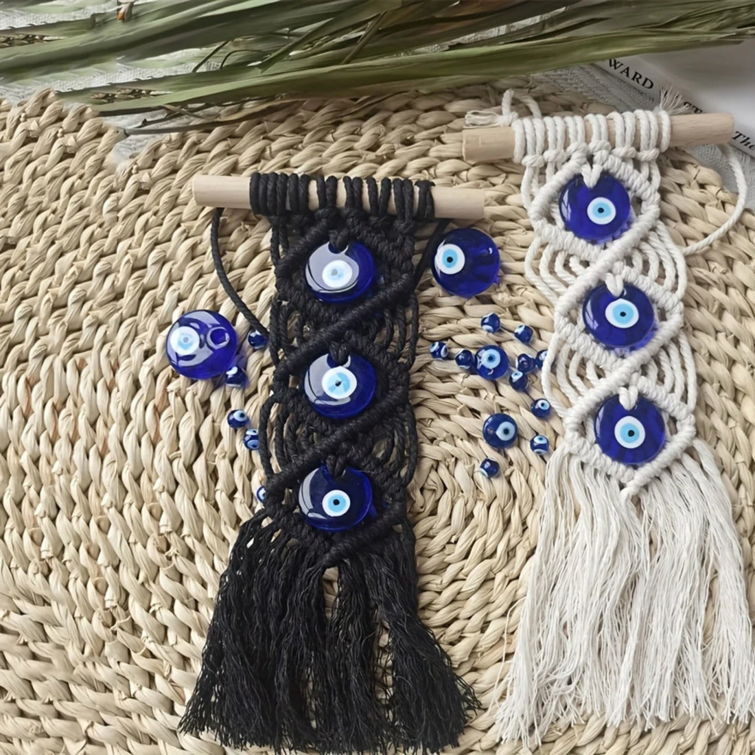 Bohemian Blue Evil Eye Handmade Cotton Tapestry - Turkish Glass Beaded Wall Hanging