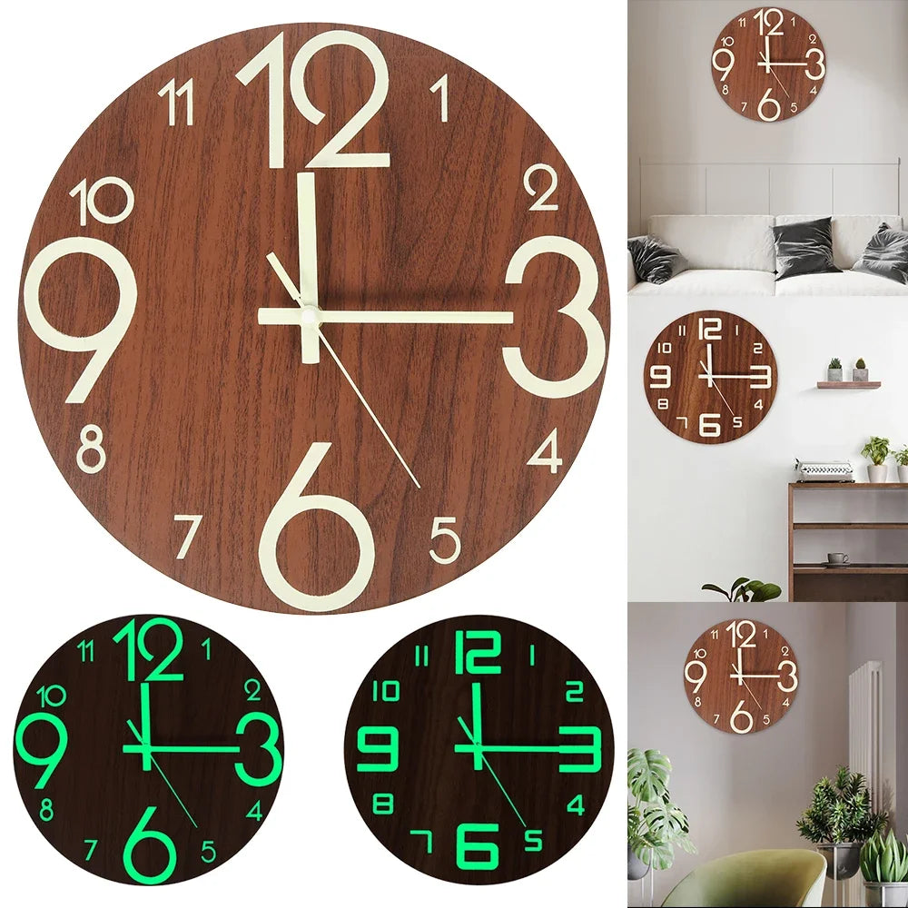 New Wooden Wall Clock with Luminous Numbers – Quiet Modern Decorative Clock for Living Room