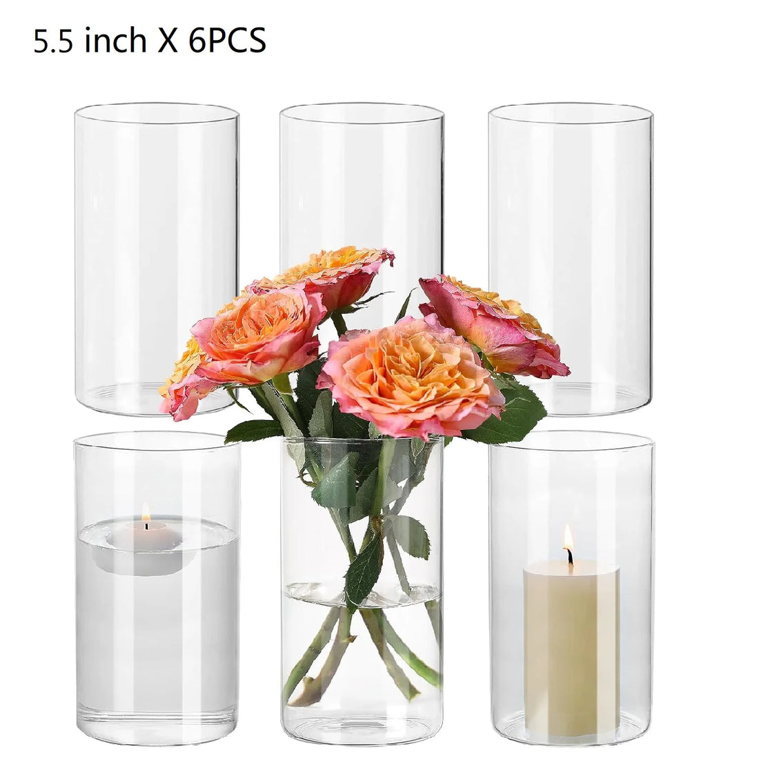 6/12-Piece Glass Cylinder Vases – Clear Vases for Flowers, Floating Candles, and Table Centerpieces