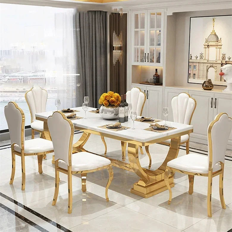 Modern Luxury Large Marble Top Dining Table Set – 6 & 8 Seater with Leather Chairs