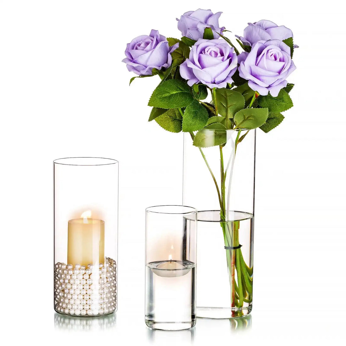 Set of 3 Clear Glass Cylinder Vases – Elegant Flower Vases & Hurricane Candle Holders for Wedding & Table Centerpieces