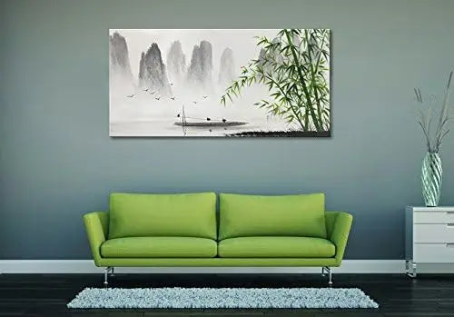 Large Hand-Painted Traditional Chinese Painting – Black and White Bamboo Landscape Canvas Wall Art