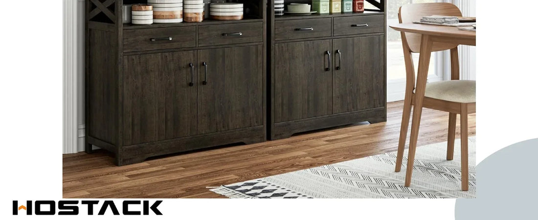 Modern farmhouse sideboard with cabinets, drawers, and open shelves.