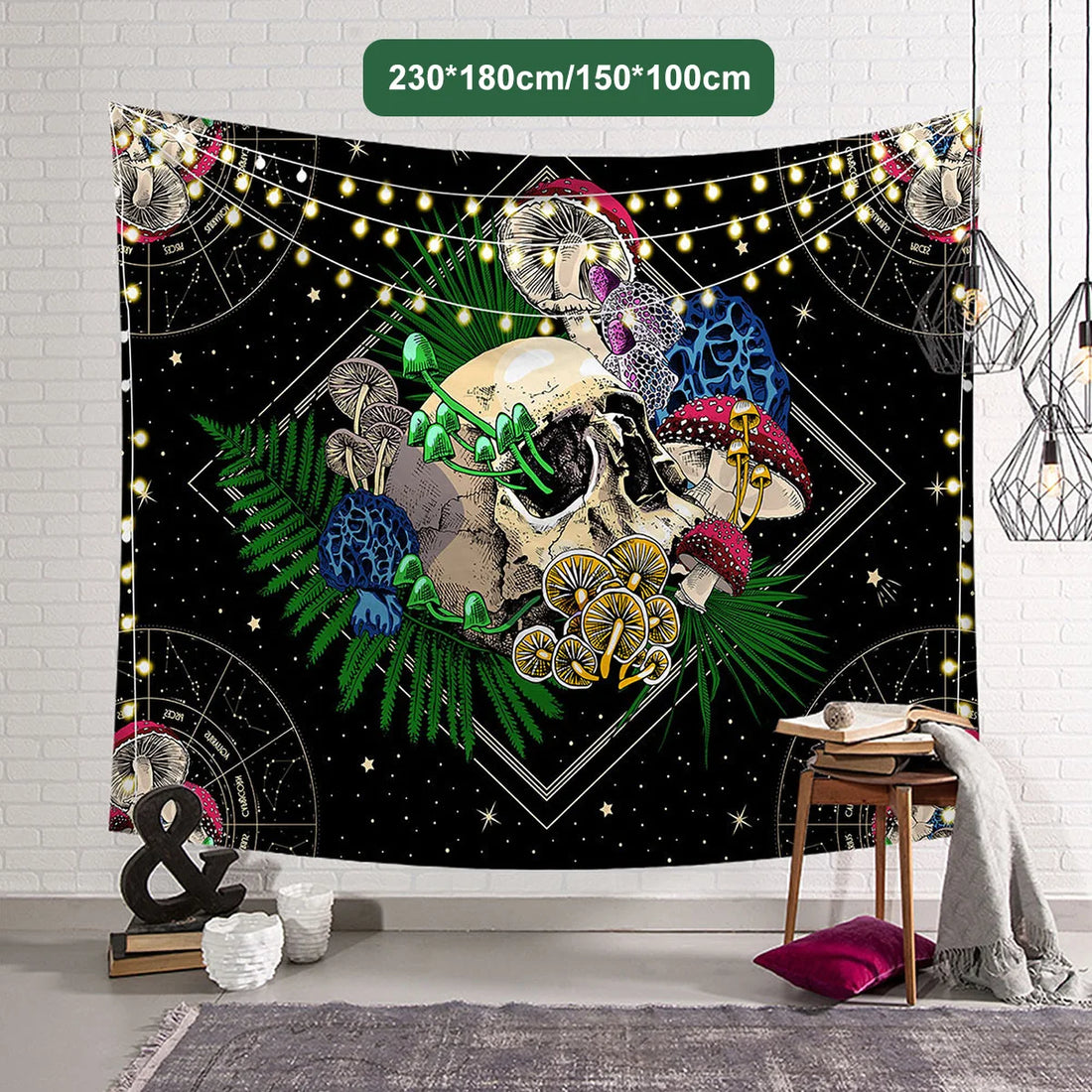 Large Skull Tapestry with Colorful Mushroom Design – Starry Aesthetic Wall Hanging