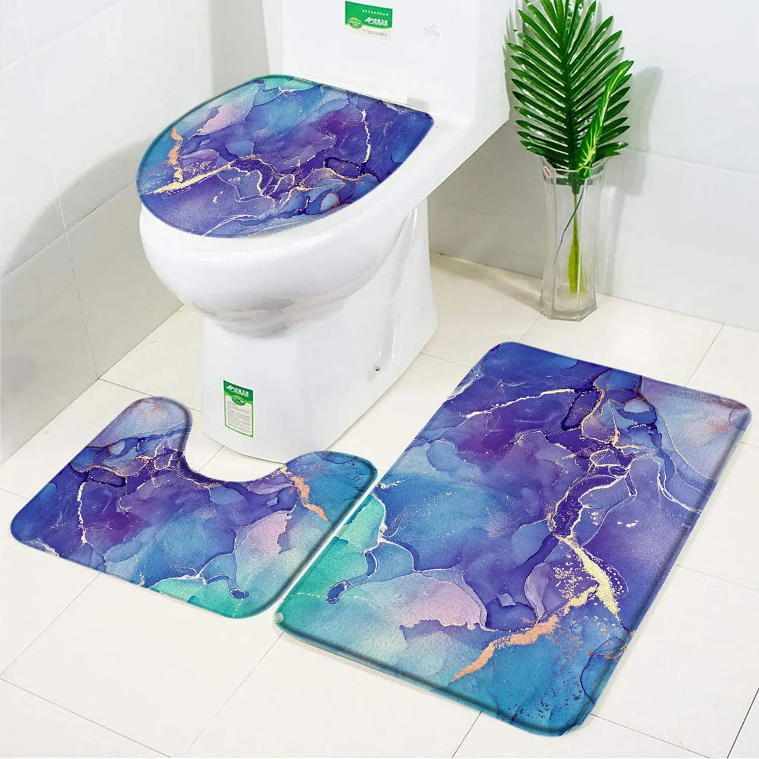 3pcs Set Black Marble Bath Mat – Non-Slip Absorbent Bathroom Rugs with Toilet Lid Cover