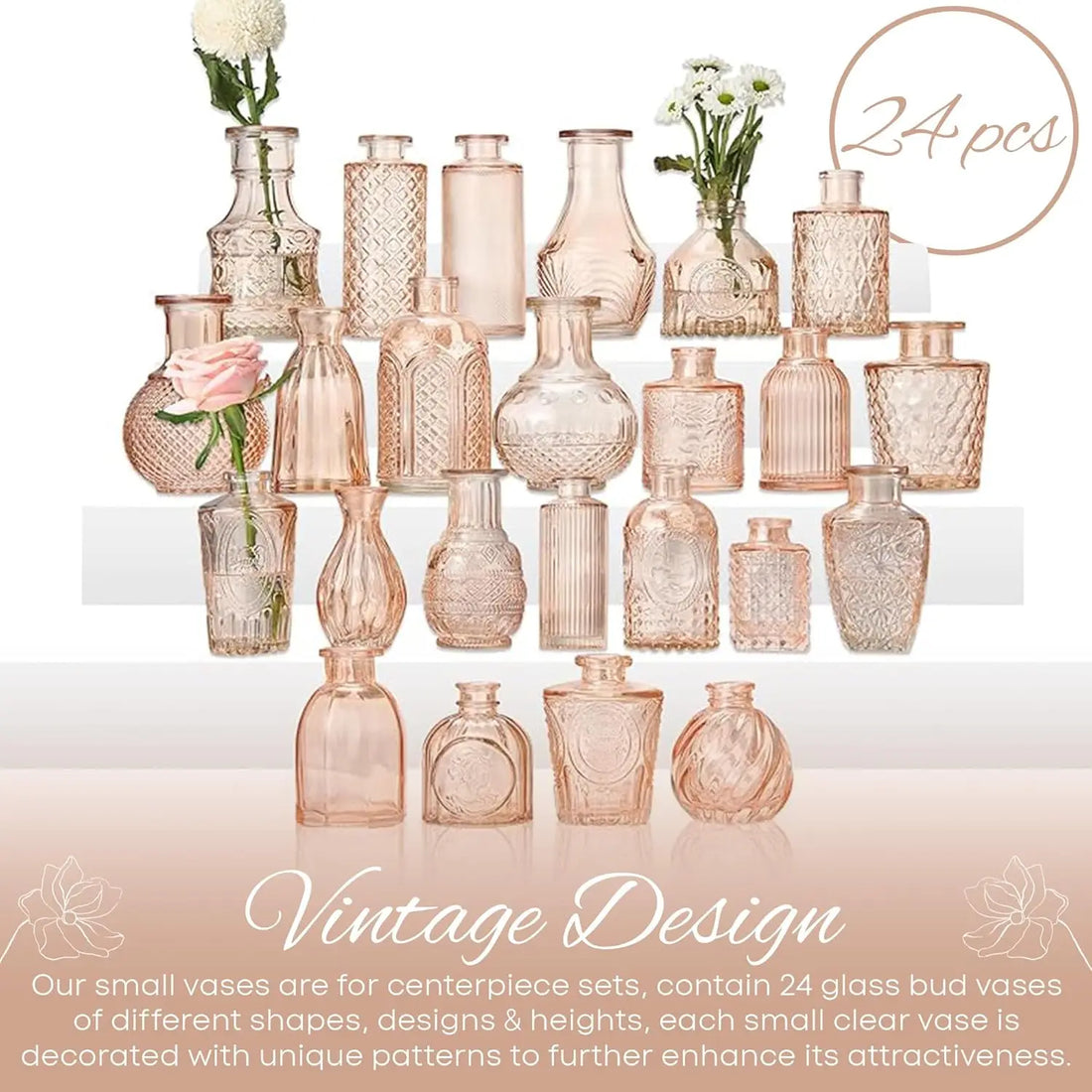 Clear Glass Vases for Home Décor – Set of 24 Champagne-Colored Bud Vases for Weddings & Rustic Vintage Decoration