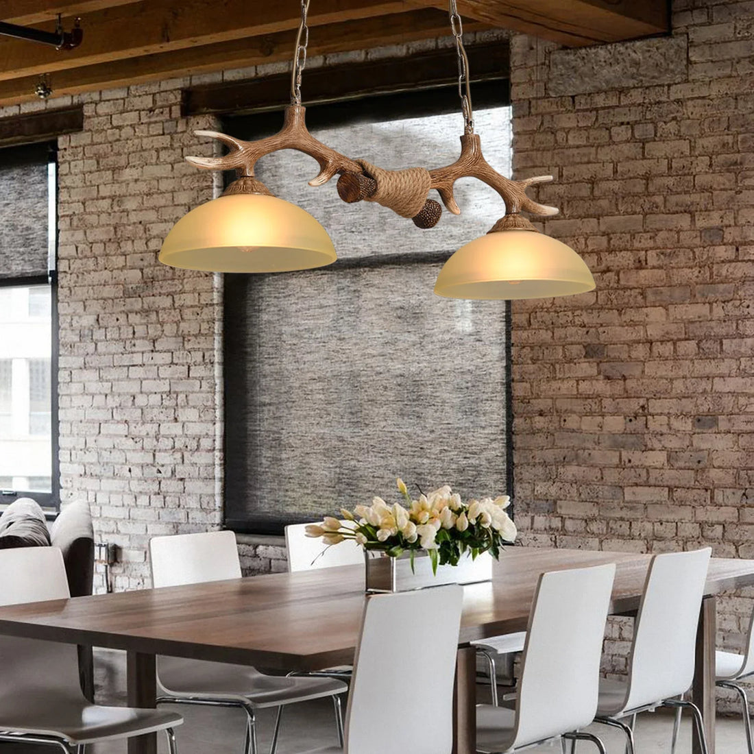 Vintage Double Antler Light Chandelier – Rustic Pendant Lighting for Restaurants and Bedrooms