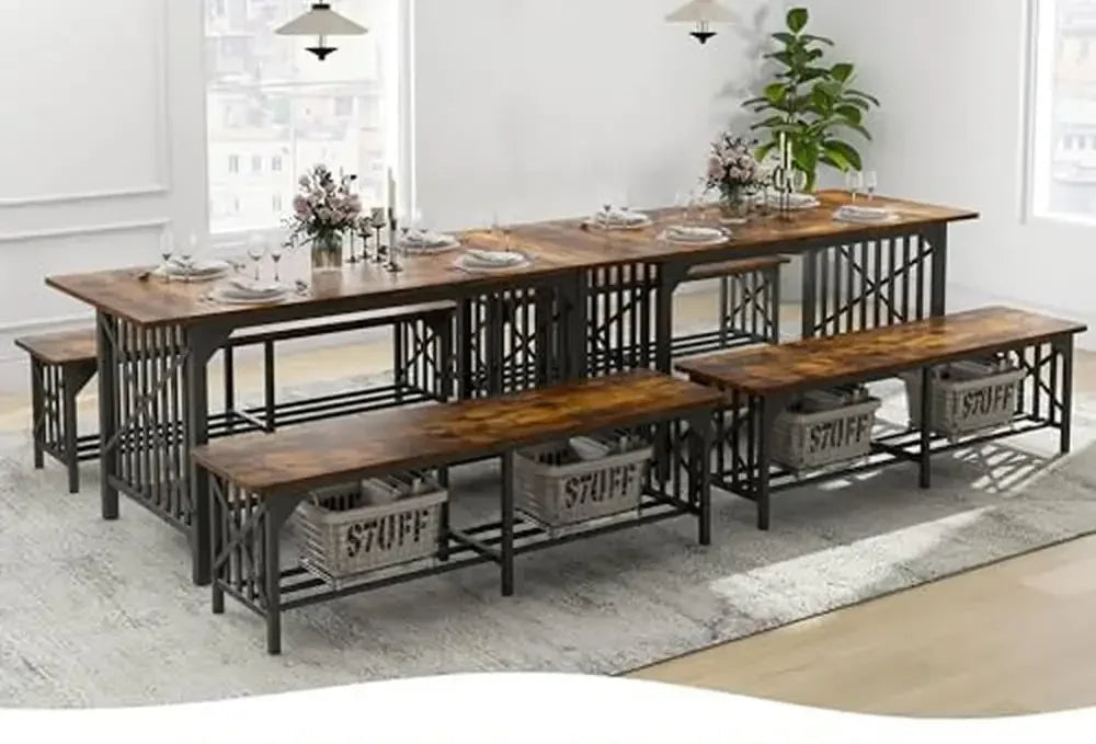 Industrial 3-Piece Dining Table Set with Dual Storage – Seats 4-8 People