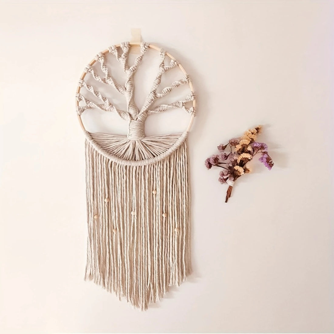 Tree of Life Dream Catcher Tapestry – Bohemian Handwoven Macrame Wall Hanging with Tassels