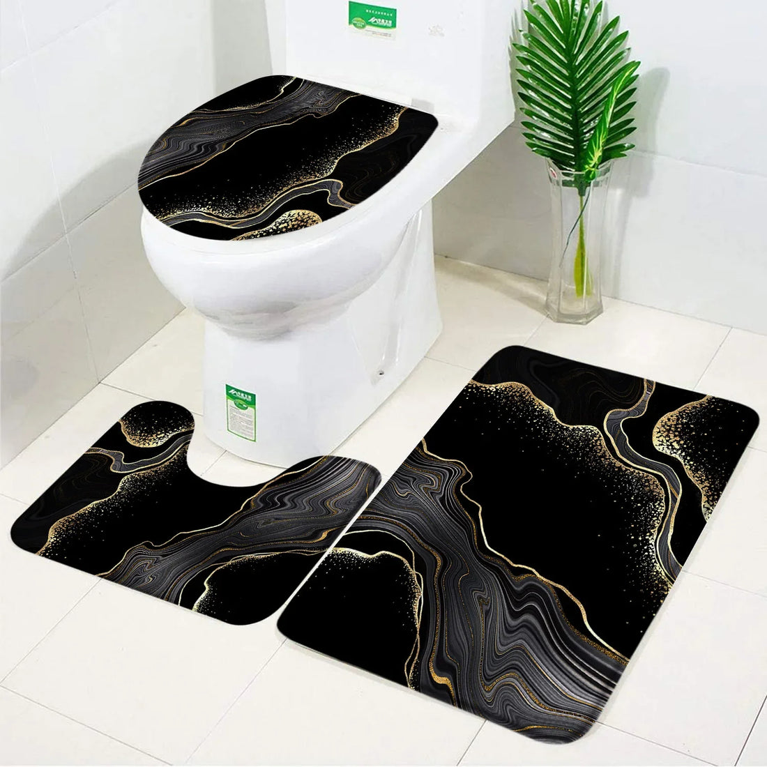 3pcs Set Black Marble Bath Mat – Non-Slip Absorbent Bathroom Rugs with Toilet Lid Cover