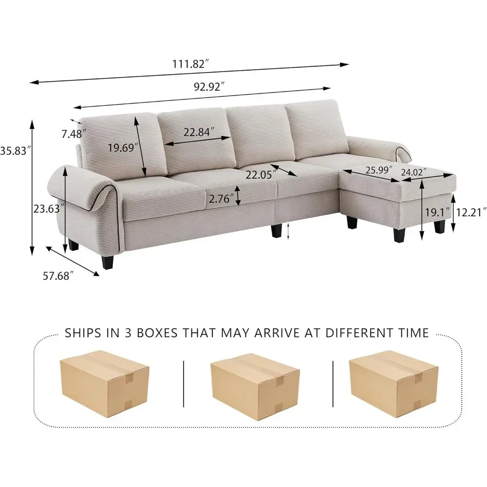 L Shaped Couch 112" Sectional Sofa, 4-seat Reversible Ottoman