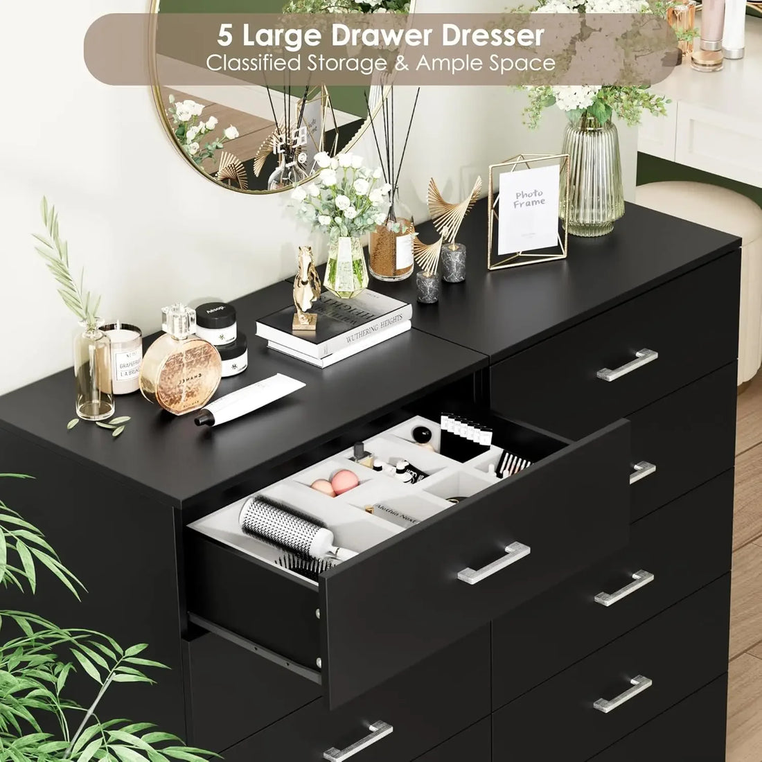 5 Drawer Dresser Chest with Sleek Black Finish