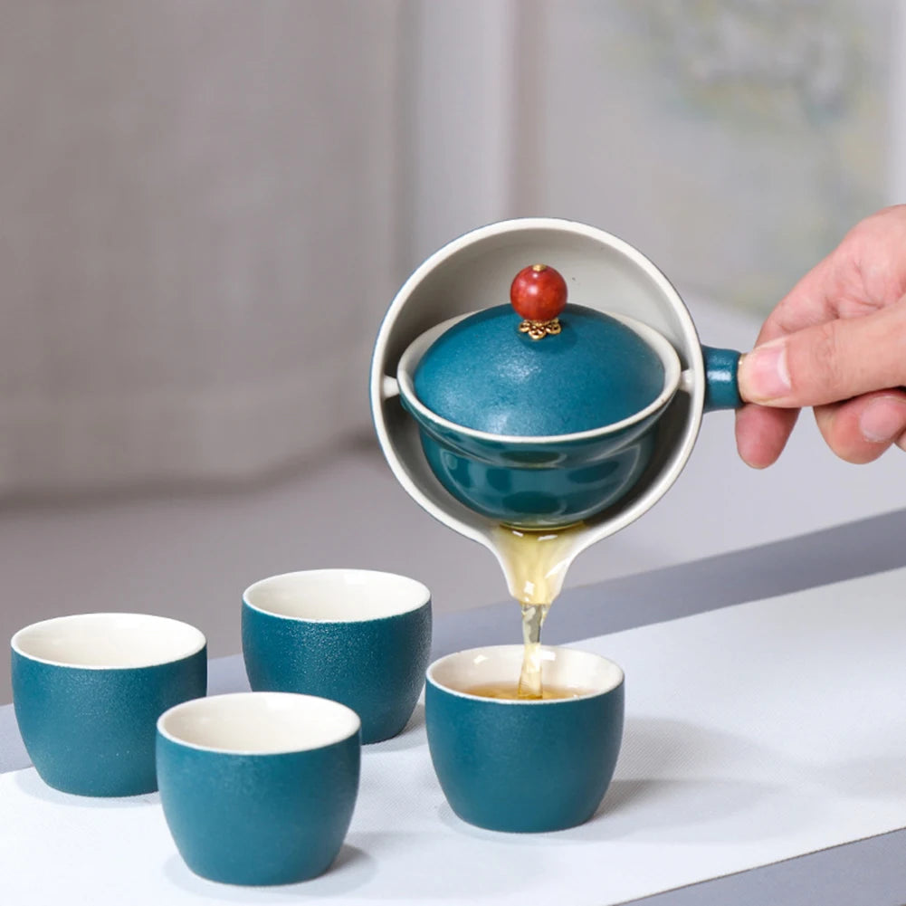 Portable Chinese Gongfu Kung Fu Tea Set – 360° Rotating Ceramic Teapot with Wooden Handle & Infuser