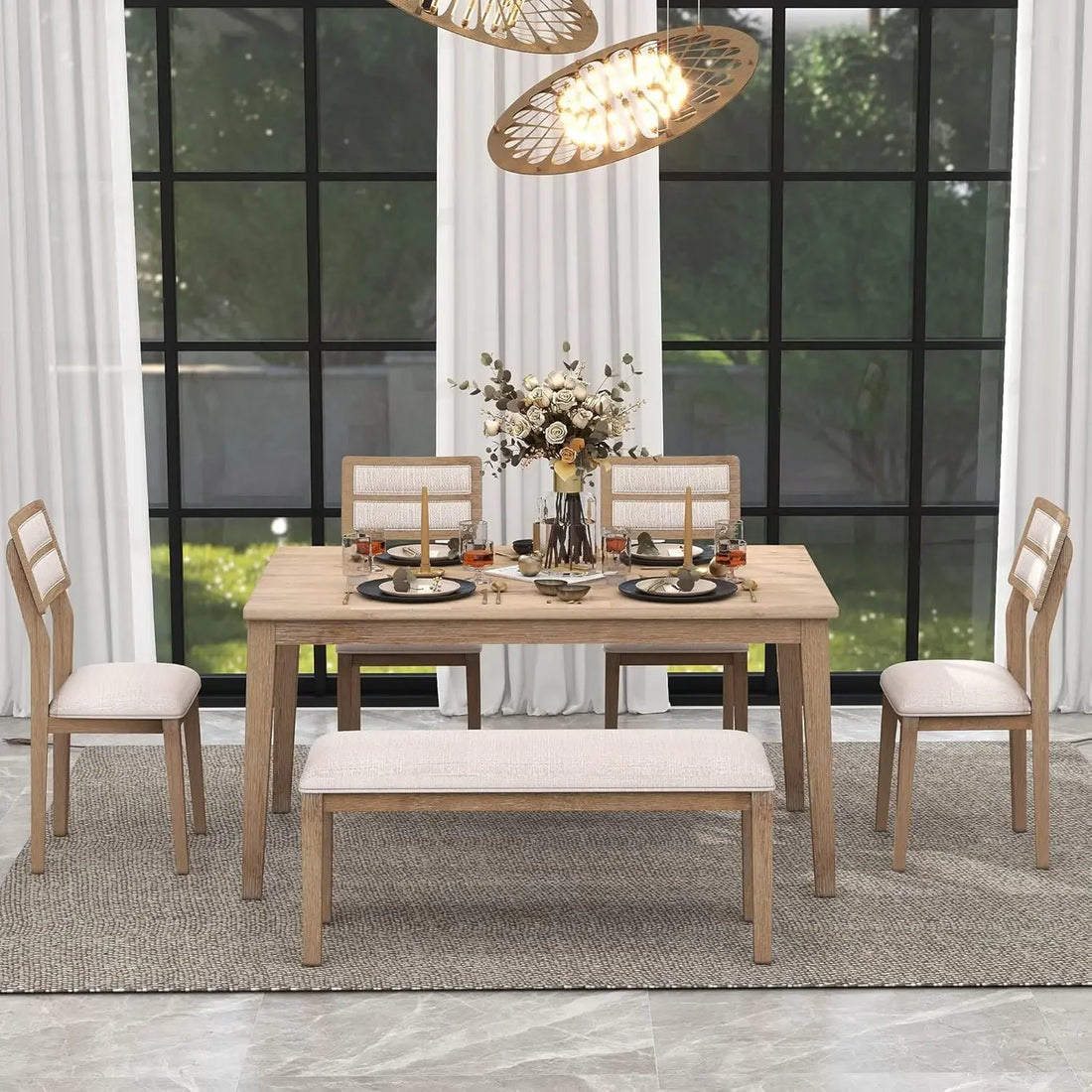 6-Piece Wood Dining Table Set – Retro Rectangular Table with 4 Upholstered Chairs & Bench