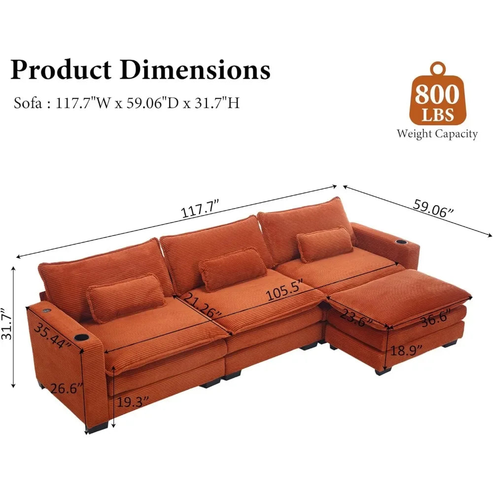 L Shaped Sectional Sofa 117.7" with Cup Holders & USB Ports