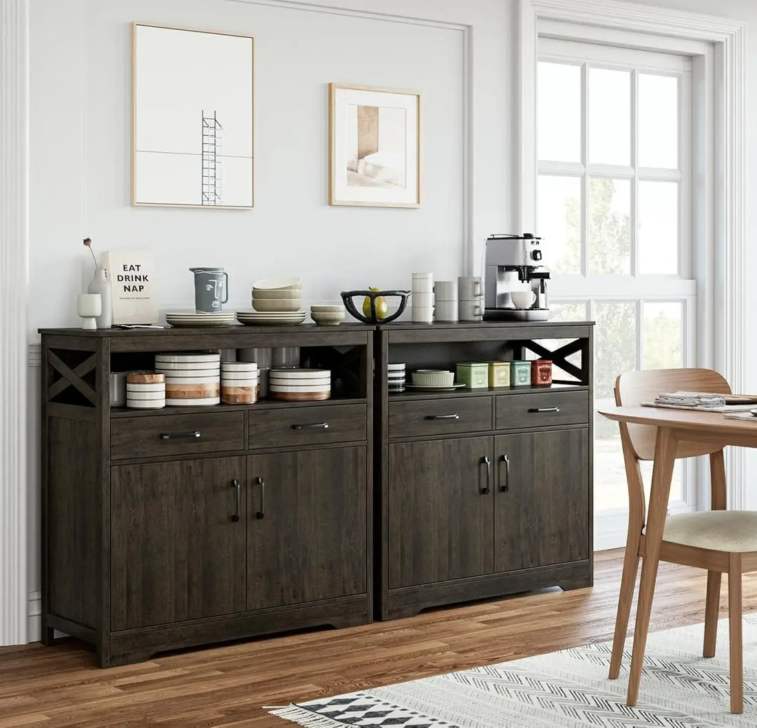 Stylish buffet cabinet with a rustic wood finish.