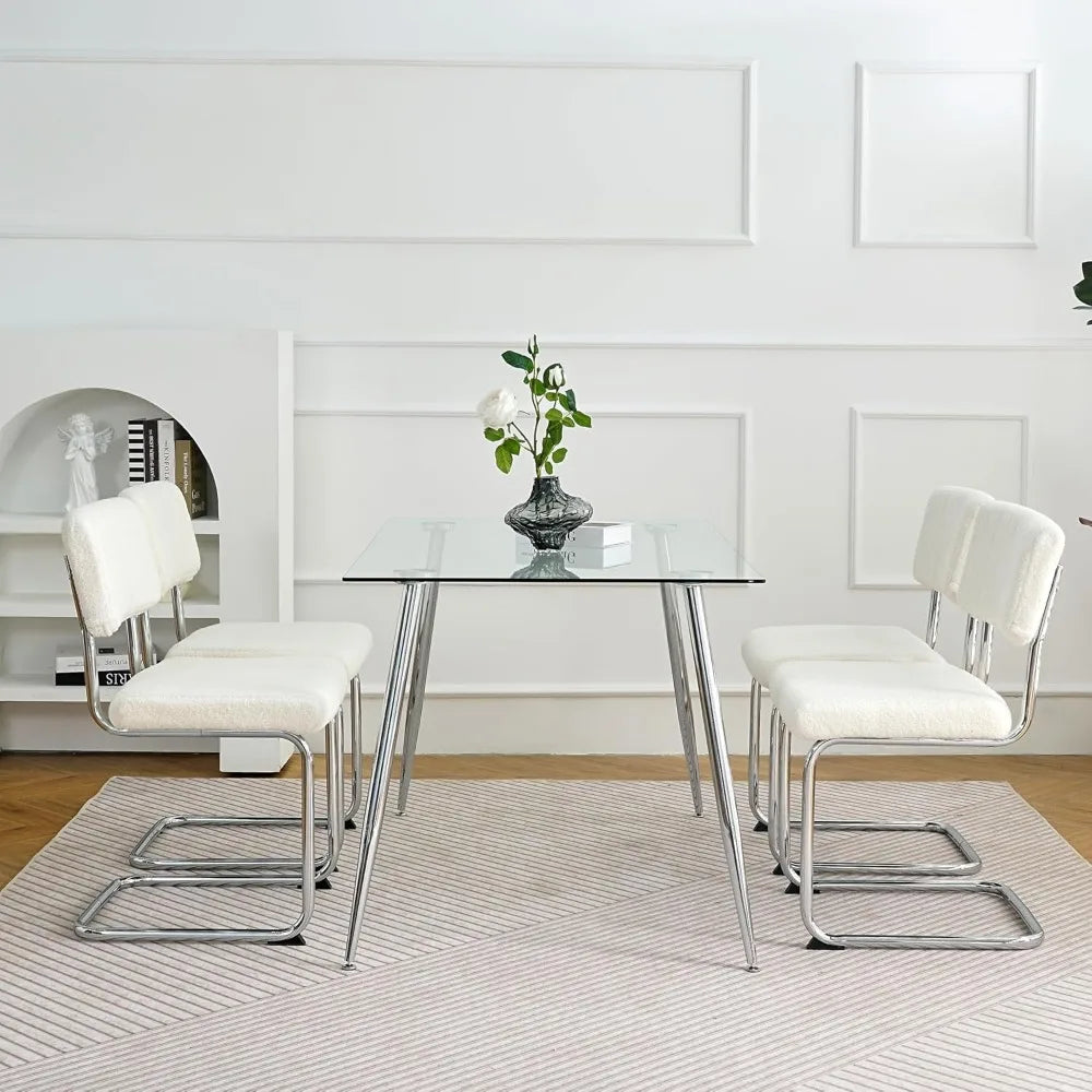 5 Piece Glass Dining Table Set, Modern Kitchen Table Set with Transparent Tempered Glass Tabletop and 4 Upholstered Chairs