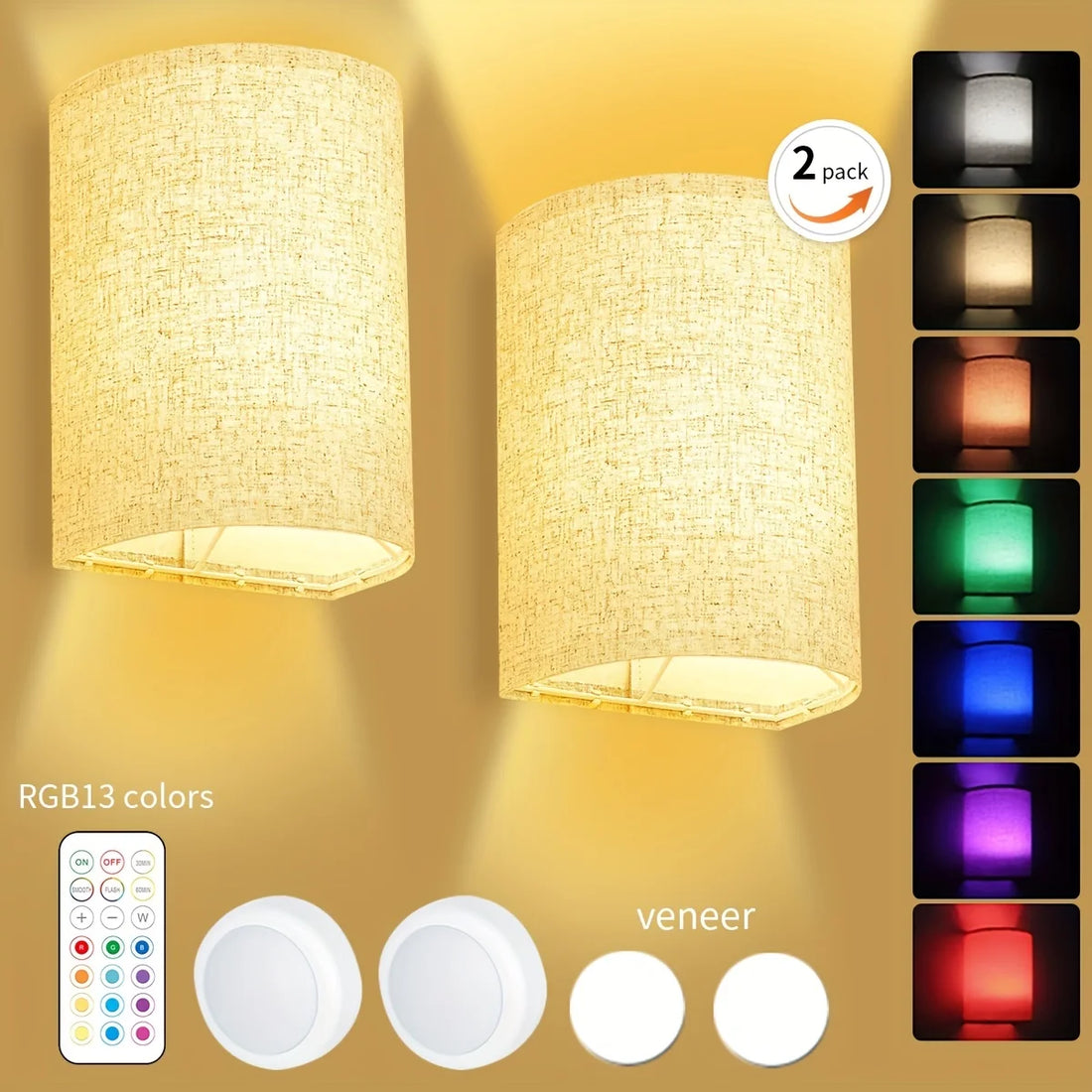 Battery Operated Wireless Wall Sconces Set of Two – 13 RGB Colors with Remote for Bedroom, Living Room, Hallway