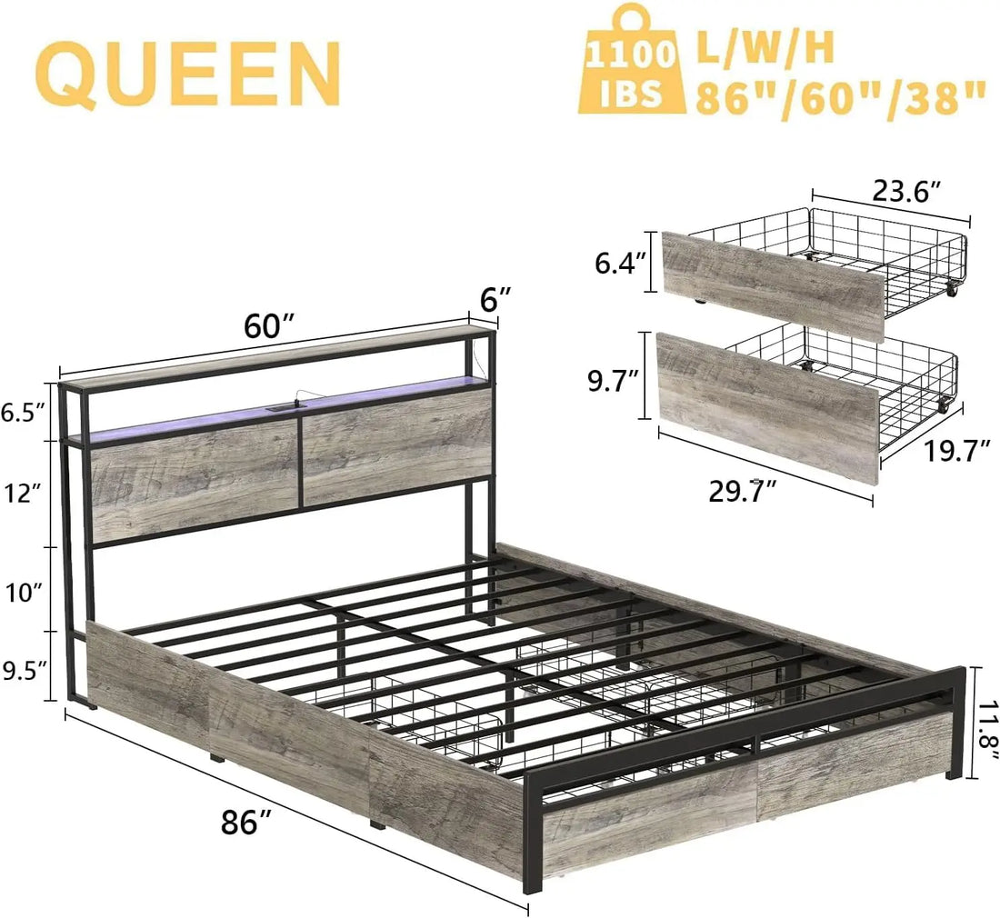 Queen Bed Frame with Storage Headboard, 4 Drawers, and LED Lighting