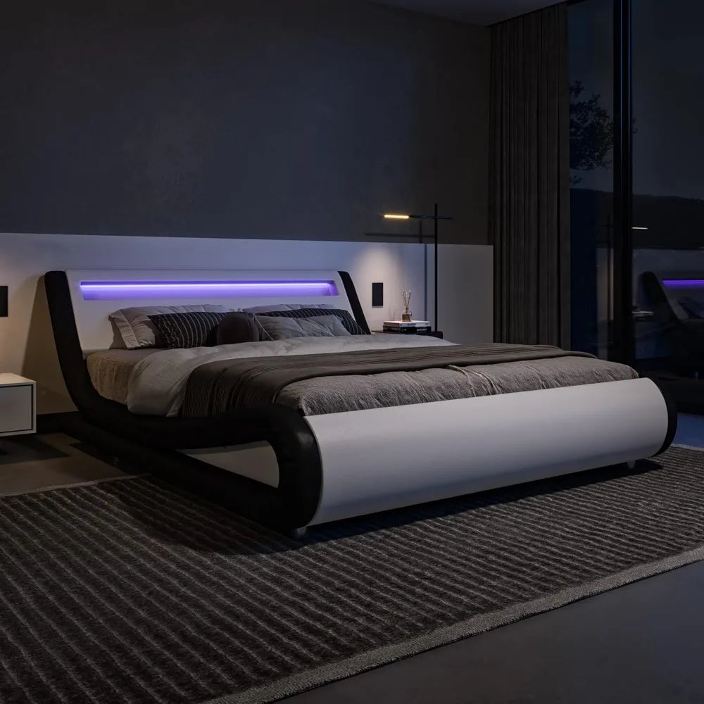 Modern Bed Frame with Adjustable Headboard & LED Lights