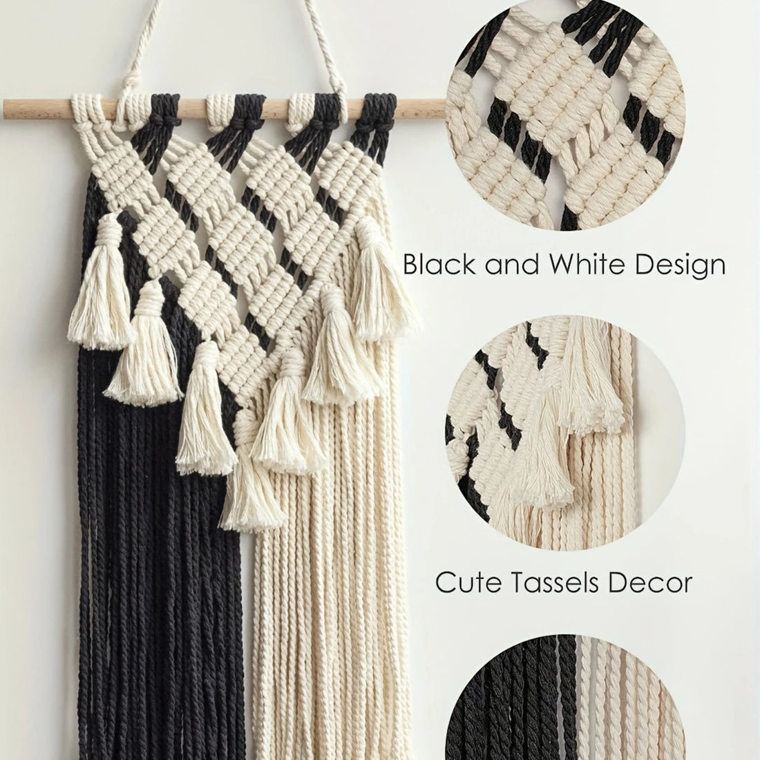 1pc  Macrame Wall Hanging Tapestry - Black and White Woven Art for Bedroom, Living Room, Dorm Room, Gallery, and  Decor