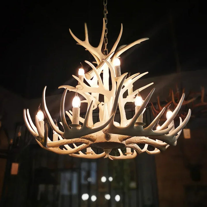 Retro Deer Antler Chandelier – Resin Pendant Lighting for Restaurants, Living Rooms, and Coffee Shops