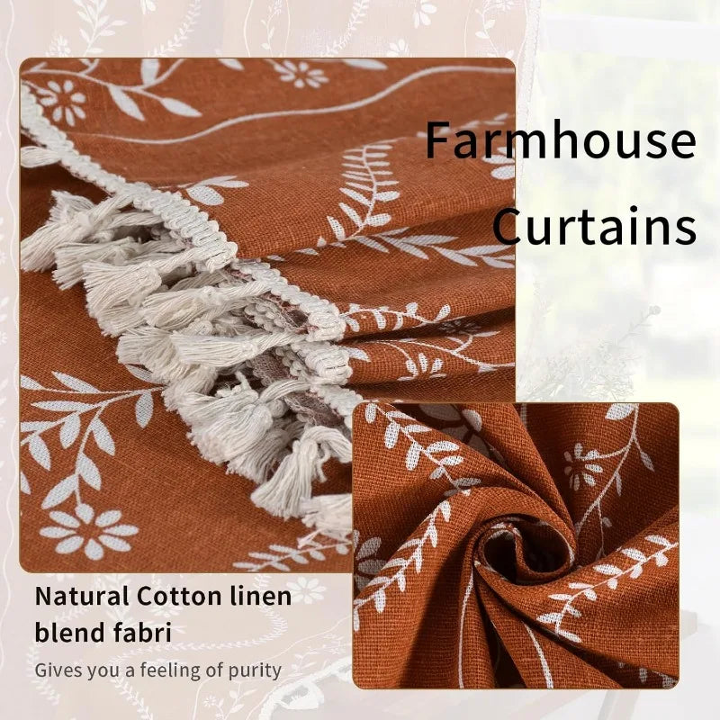 Terracotta Curtains – Semi Sheer Linen Floral Farmhouse Panels for Living Room, Dining, and Kitchen