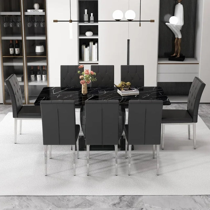 71" Black Dining Table Set for 8 – Faux Marble Table with PU Leather Chairs