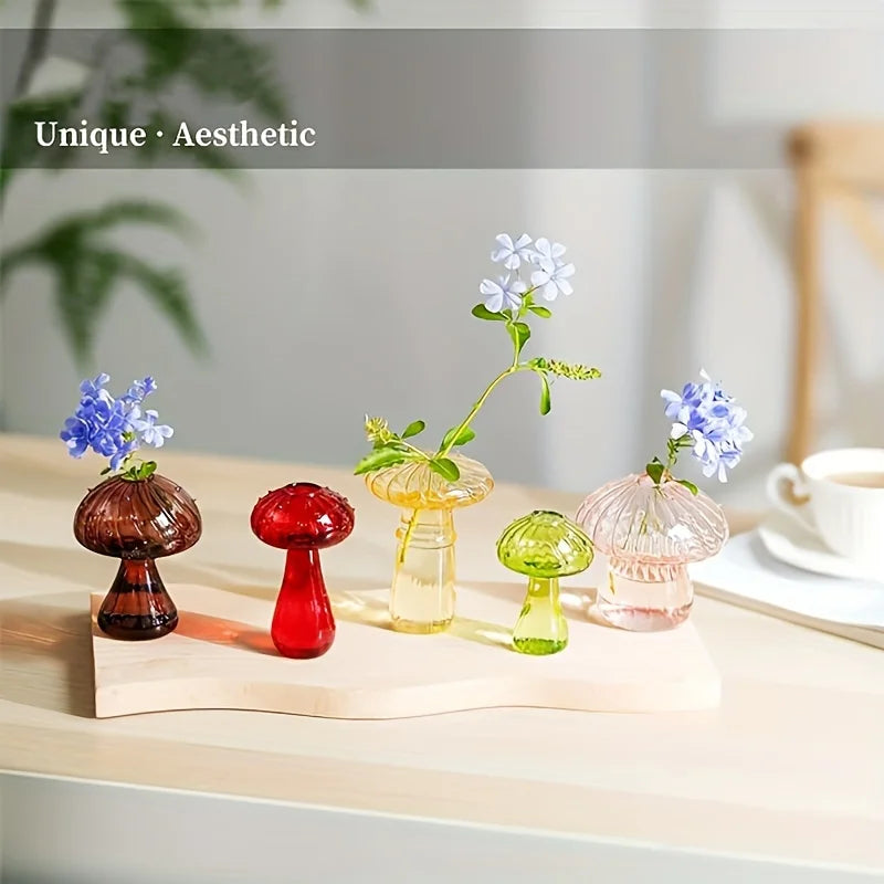 5 Colors Plant Mushroom Glass Vase – Mini Glass Containers for Christmas, Halloween, and Home Décor