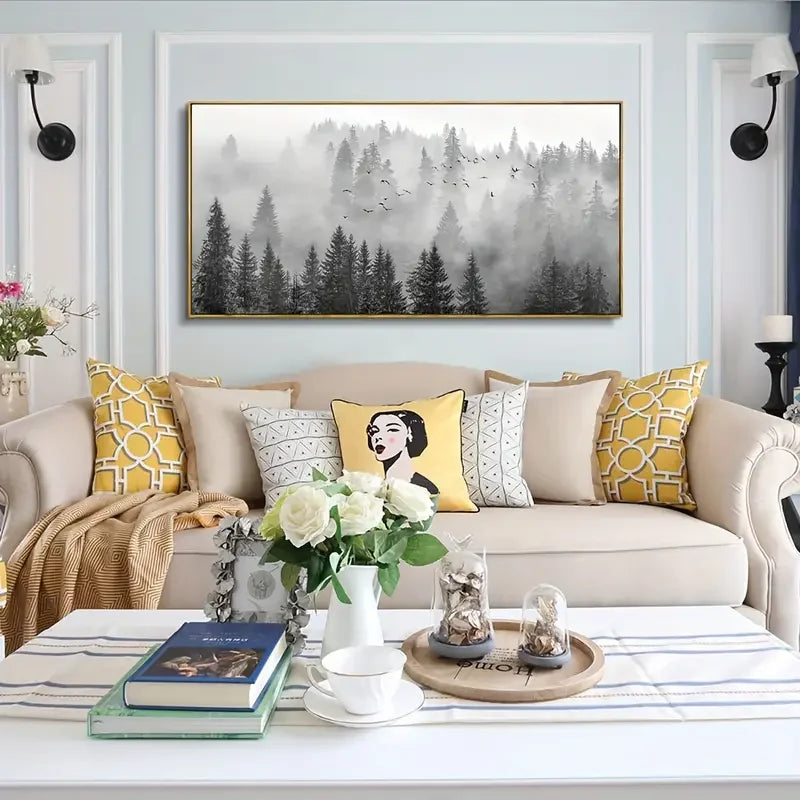 Majestic Foggy Forest Canvas Wall Art – Monochromatic Elegance for Modern Interiors