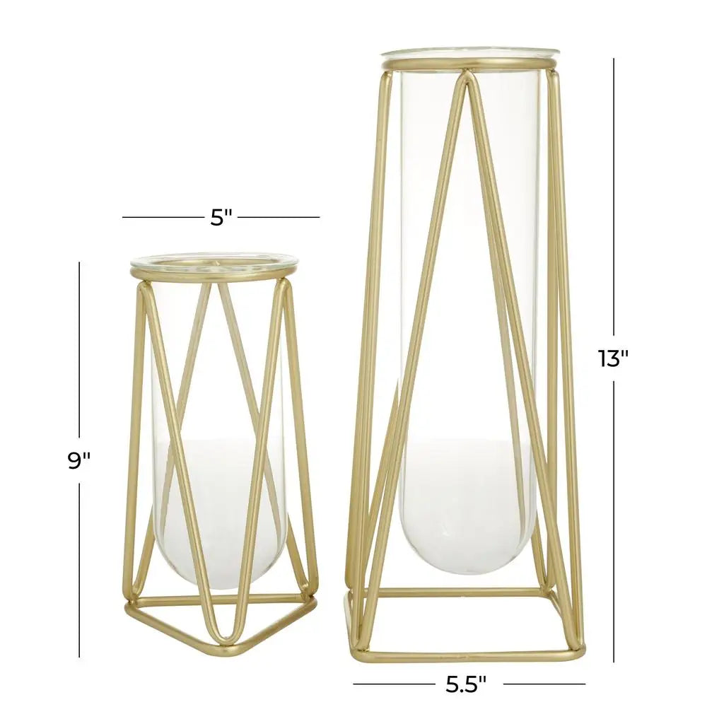 Gold Metal Stand Glass Vase Set – Modern Home Décor, Set of 2 (9" & 13" H)