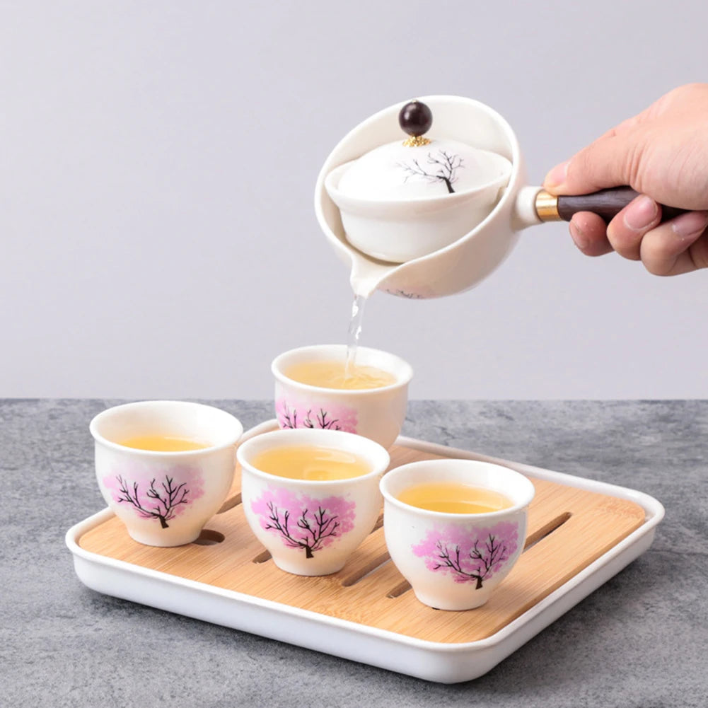 Portable Chinese Gongfu Kung Fu Tea Set – 360° Rotating Ceramic Teapot with Wooden Handle & Infuser